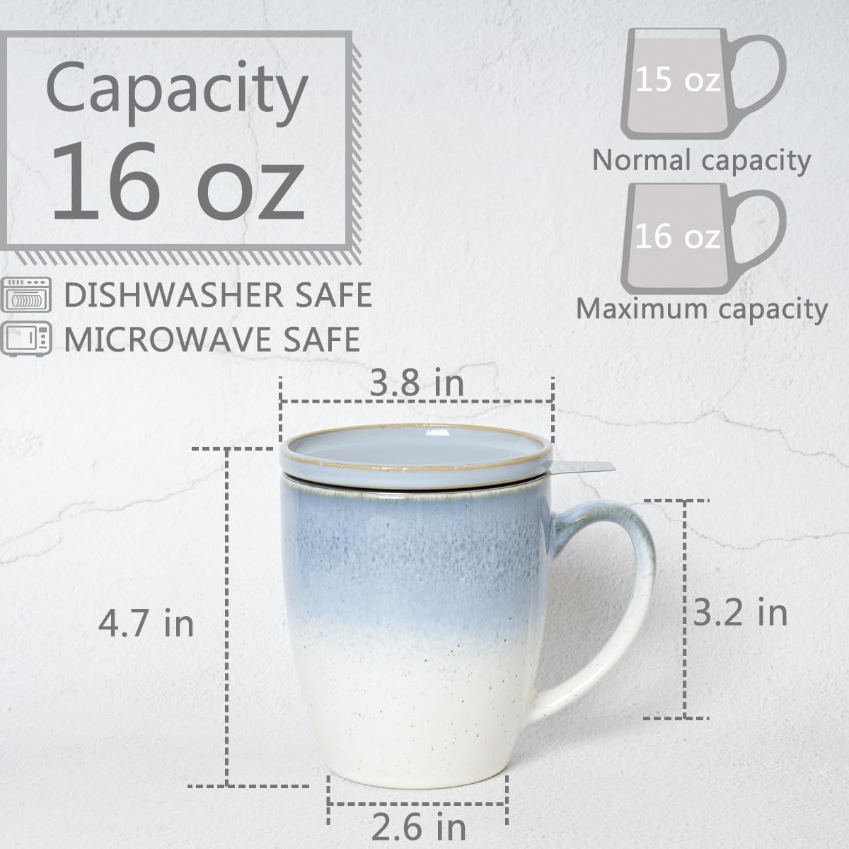 Bosmarlin Ceramic Tea Cup with Infuser and Lid, 16 Oz, 4 Color to Choose Dishwasher and Microwave Safe, Gradient Color Glaze, Steeping Tea Mug with Strainer (Blue) - Image 2
