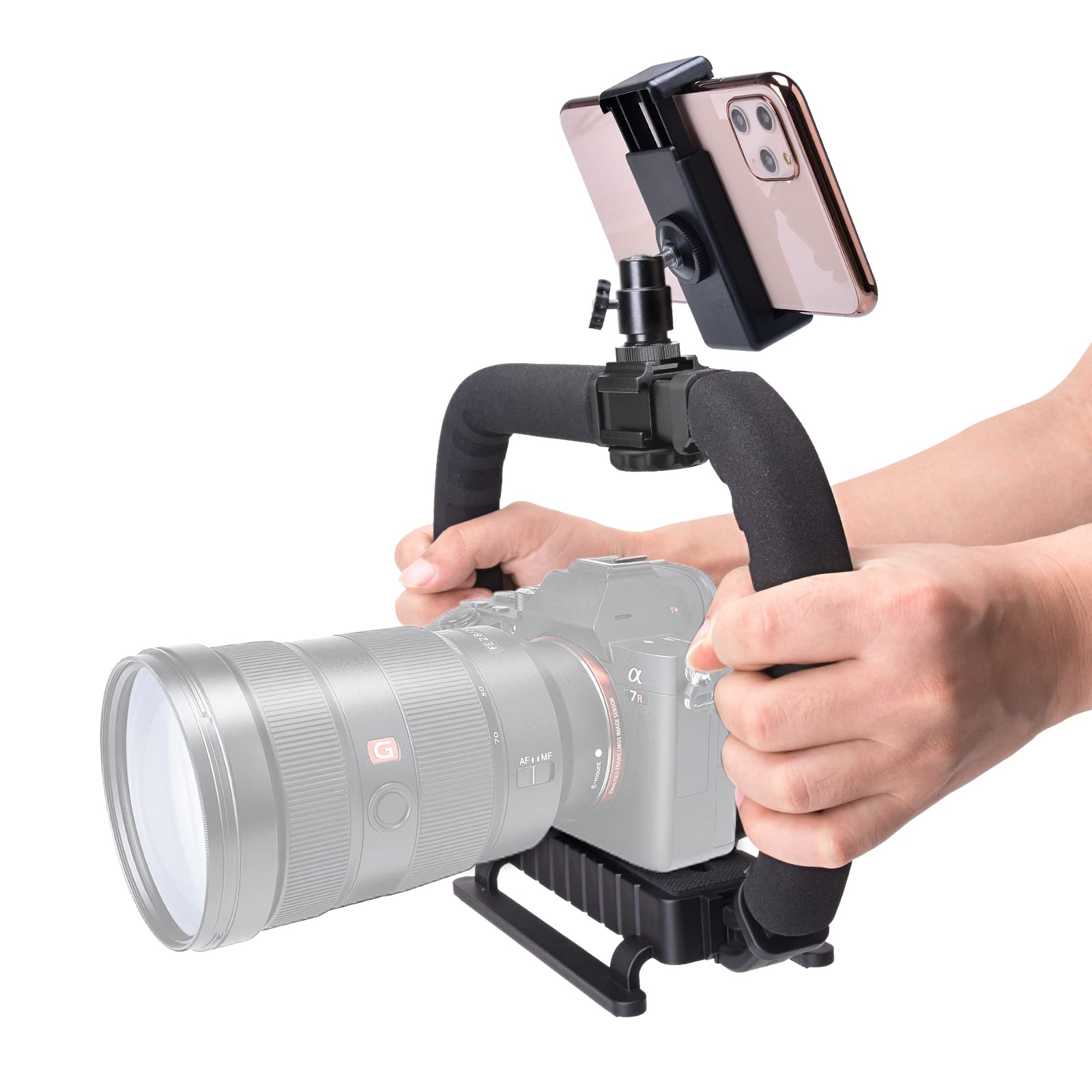 3-Shoe DSLR/Mirrorless/Action Camera Camcorder Phone Stabilizer Expansion Cage Mount Moviemaking Holder Rig YouTube Tiktok Vlogging Video Kit Compatible with GoPro Canon Nikon Sony iPhone Android