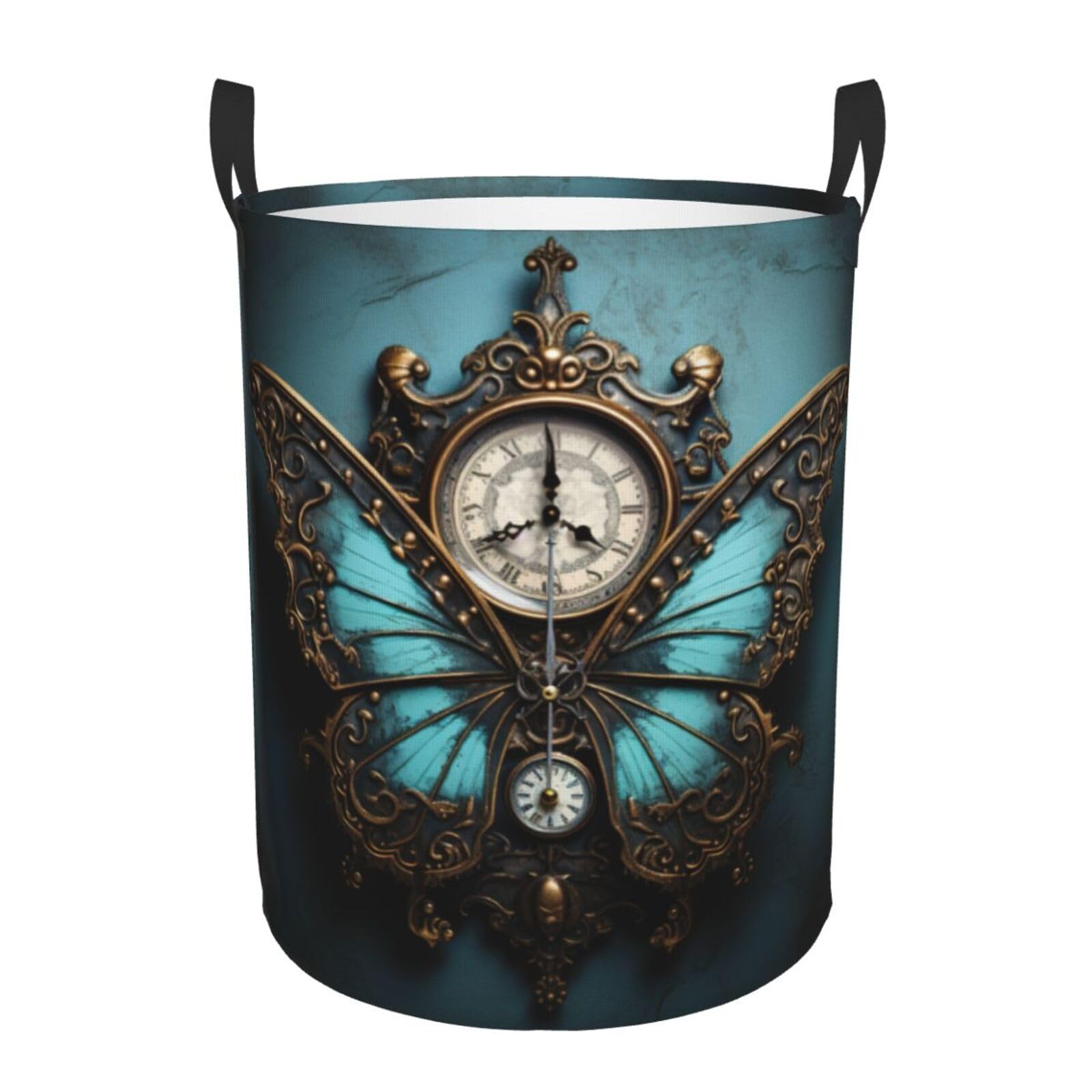 M Collapsible Laundry Hamper Round Clock Butterfly Print Storage