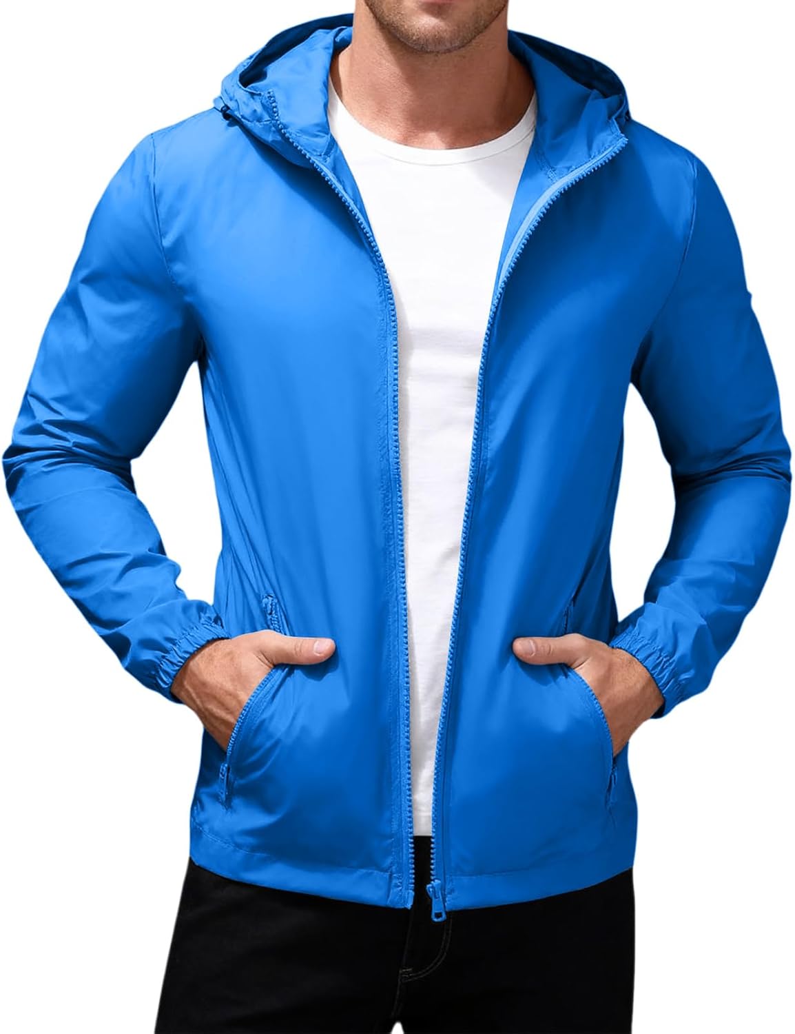 DuDubaby Men's Packable Rain Jacket Lightweight Waterproof Raincoat with Hood Travel Hiking Golf Windbreaker