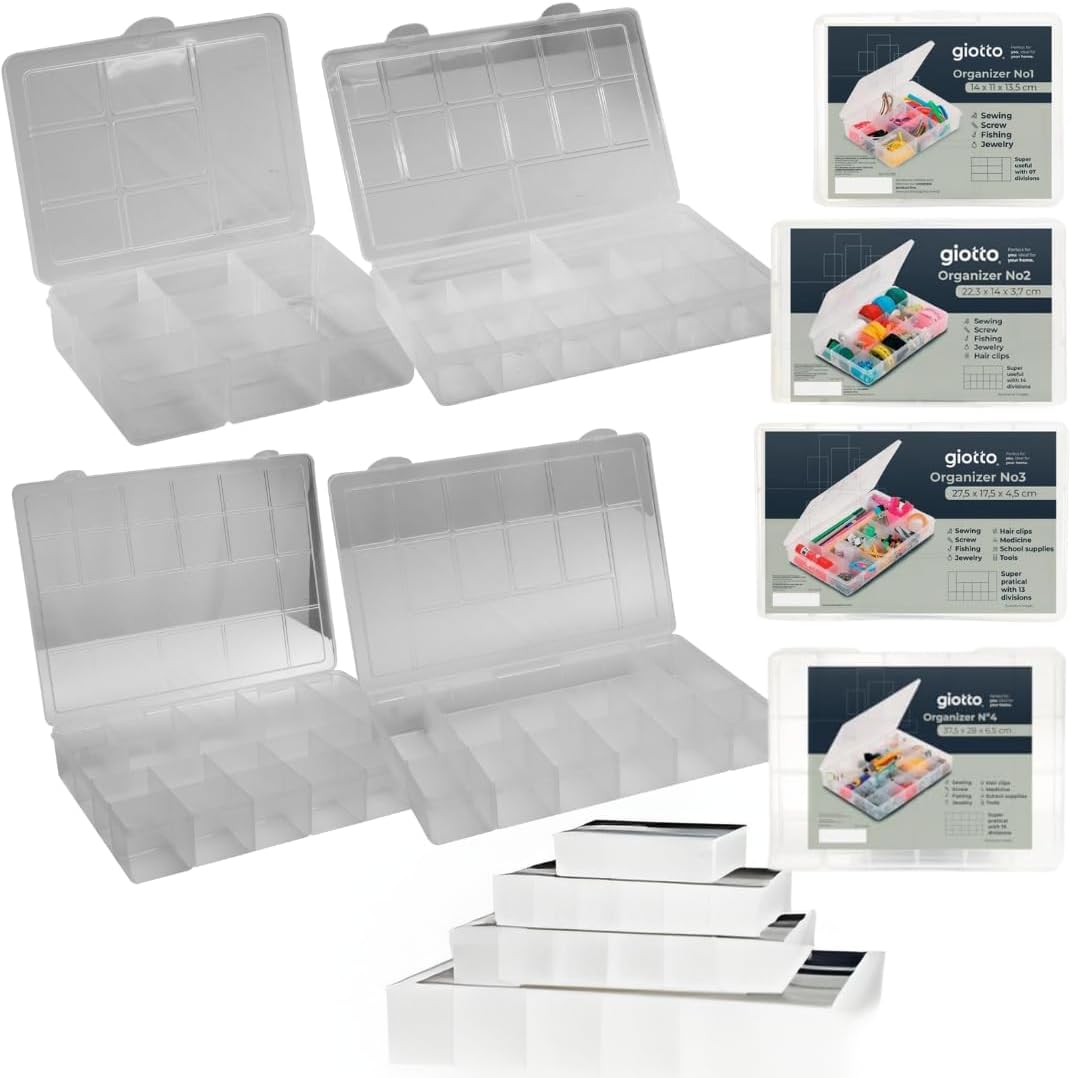 GIOTTO Organizer 4-Piece Plastic Storage Box Set – Small, Medium, Large & Extra Large Organizers with 7, 14, 13 & 19 Compartments – Multi-Purpose Storage for Crafts, Jewelry, Desk & Accessories