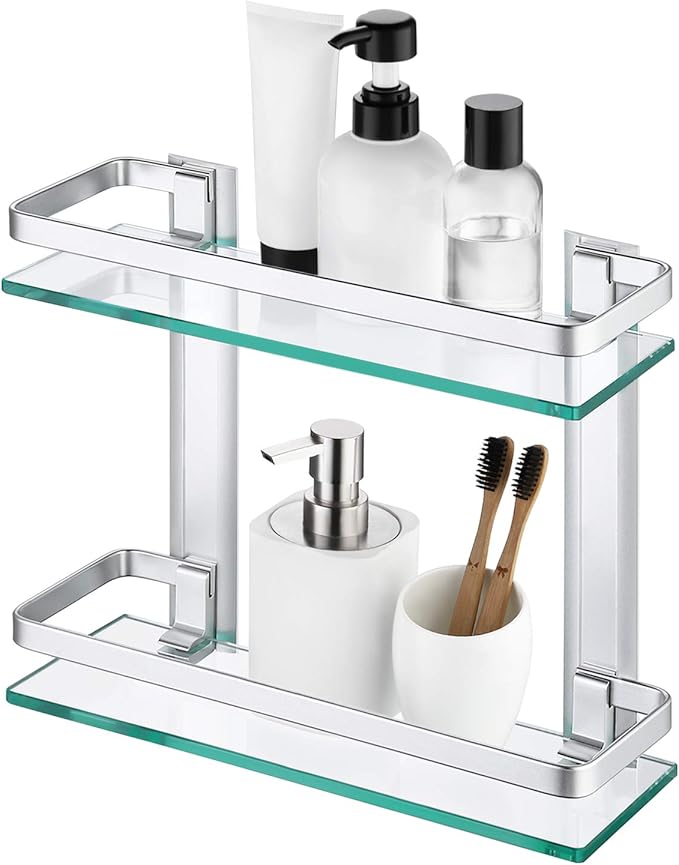 KES Estanteria Baño Aluminio Estante Vidrio Baño 8MM Extra Gruesa Vidrio Templado Estanteria Ducha Cristal 2 Pisos Montado en la Pared Rectangular 35 ...