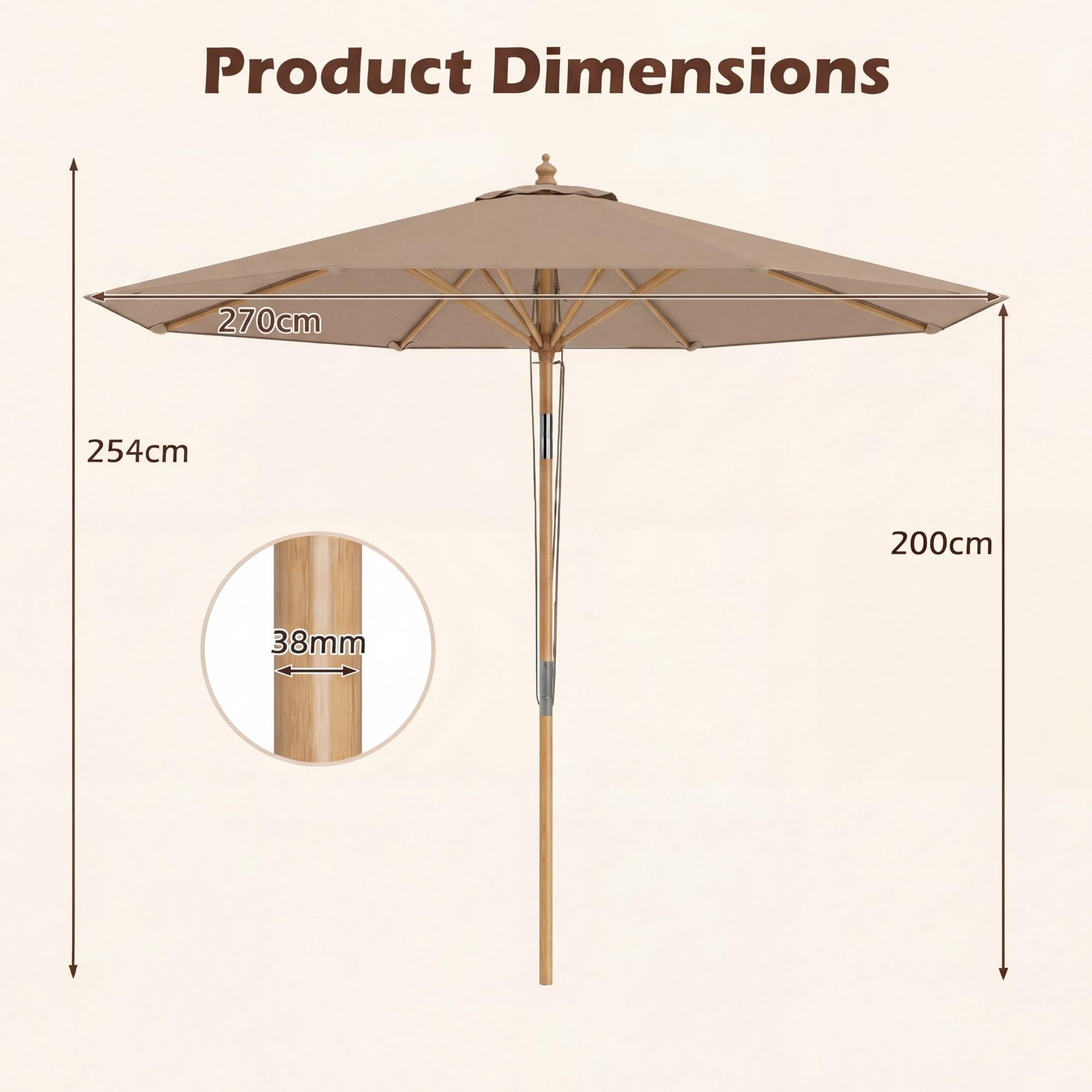 KOMFOTTEU Ombrellone da Giardino Rotondo da 270 cm, Inclinazione e Altezza Regolabile, Ombrellone da Esterno con Struttura in Bambù, 8 Stecche, Anti UV, per Balcone, Terrazzo, Spiaggia