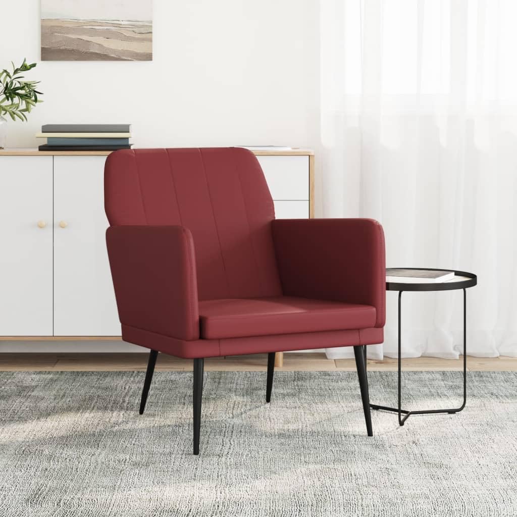Sillón Cuero Sintético Rojo Tinto 61x78x80 cm | Respaldo Inclinado, Estructura Metal, Asiento Acolchado Grueso, Incluye Taburete