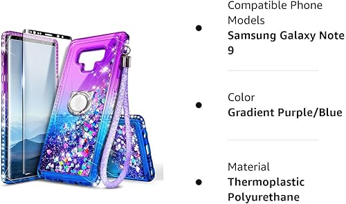 Miniatura 7 de Funda para Samsung Galaxy Note 9 con protector de pantalla (cobertura máxima, película de TPU flexible), soporte de anillocorrea de muñeca,