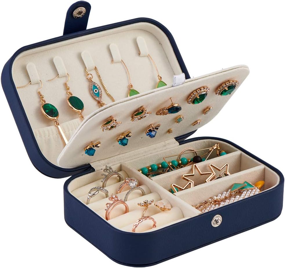 Tasybox Jewelry Travel Organizer Small Jewelry Box Leather Women Girls Traveling Jewelries Case and Portable Jewellery and Accessories Storage Holder, Navy Blue