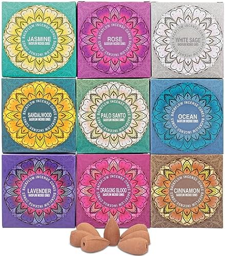 Set of 9 Backflow Incense Cones Gift Variety Pack – White Sage, Dragons Blood, Palo Santo, Jasmine, Lavender, Ocean, Sandalwood, Cinnamon, Rose for Waterfall Aromatic Smoke Fountain Haze Falls