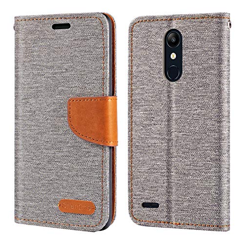 Funda Tipo Cartera de Tela Oxford y Cuero PU Compatible con LG K11, Protección Resistente con Ranuras para Tarjetas y Cierre Magnético (Gris)