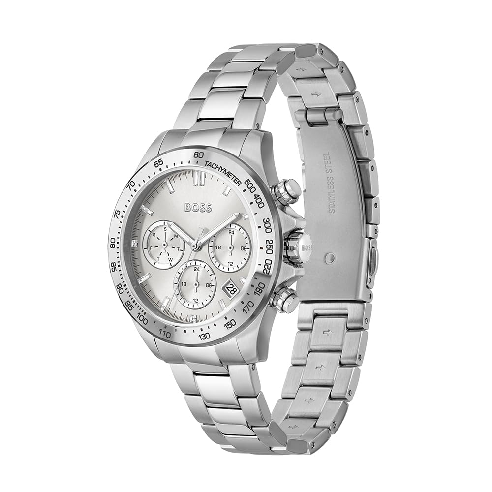 BOSS Analogowy wielofunkcyjny zegarek kwarcowy dla kobiet, kolekcja Novia z bransoletką ze stali nierdzewnej lub ceramiczną, Srebrny biały, 43.7 mm, Stal nierdzewna