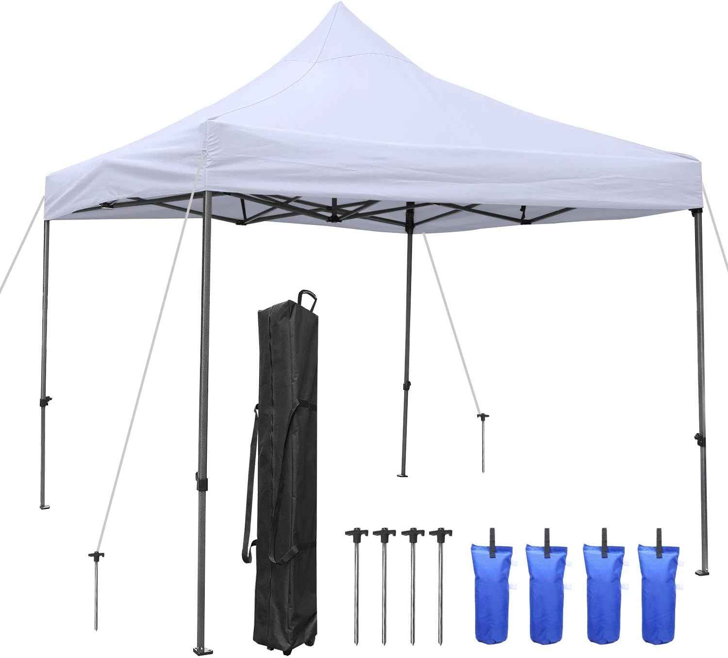 10x10 Ez Pop up Canopy Tent Heavy Duty Outdoor Commercial Canopies with Wheeled Carrying Bag + 4 Weight Bags + 4 Stakes and Ropes (5 Years Warranty)
