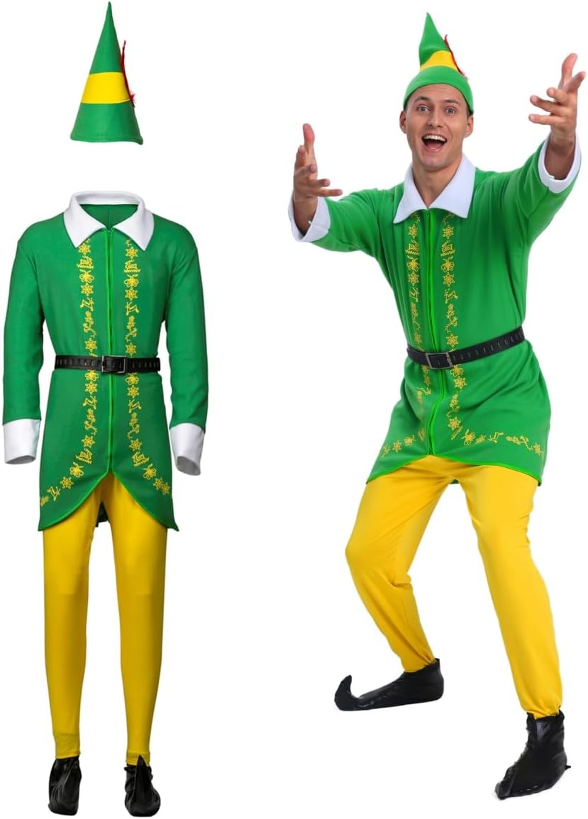 The Elf Costume for Men,Christmas Elf Costume Women,Christmas Mens Buddy the Elf Costume Cosplay Full Set for Adult