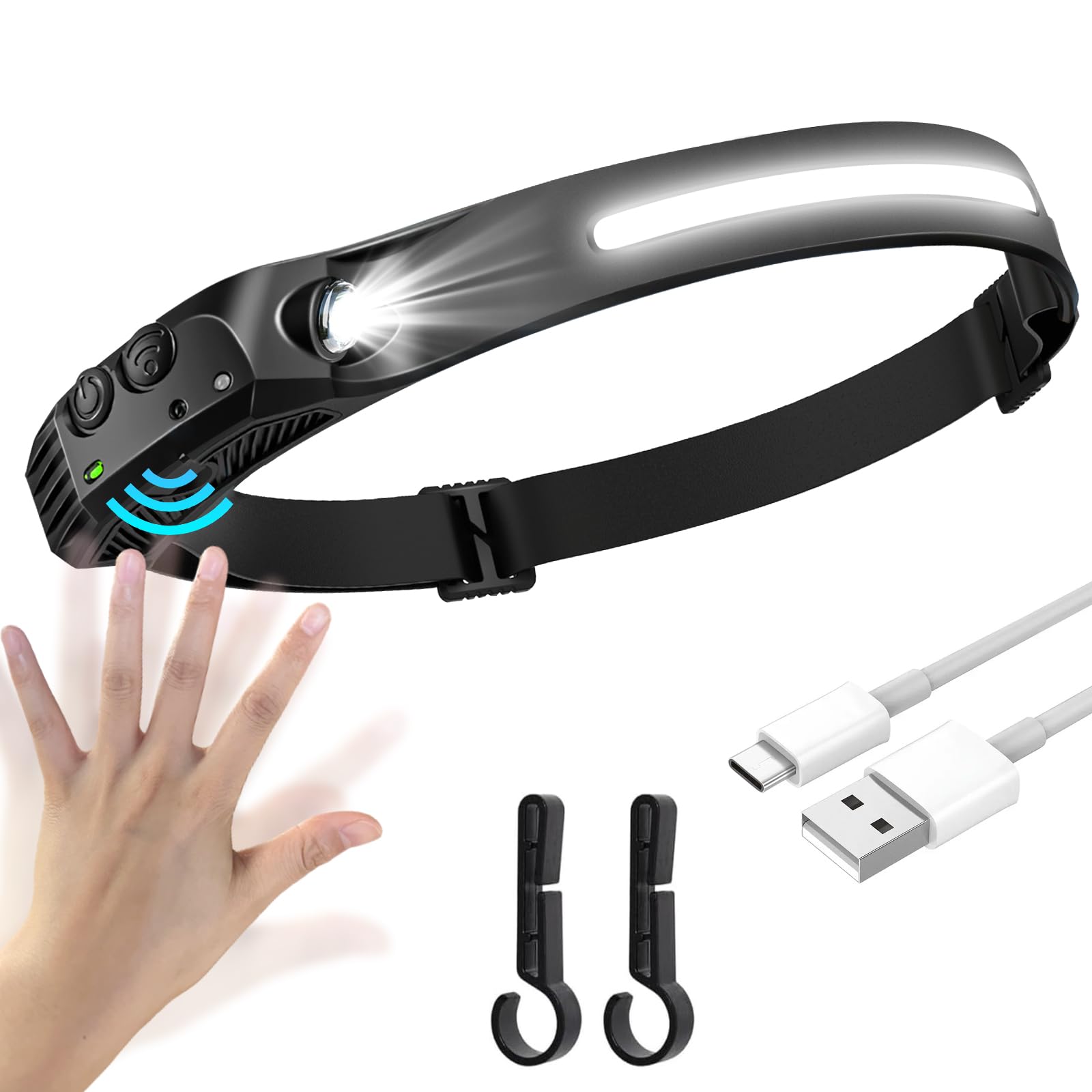 1 x Headlamp LED Rechargeable USB Super Bright Head Torch Super Bright 350 Lumen Head Torch 230° COB Sensor Headlamp 5 Light Modes Lightweight IPX4 Waterproof Headlight for Fishing [Energy Class A+++]