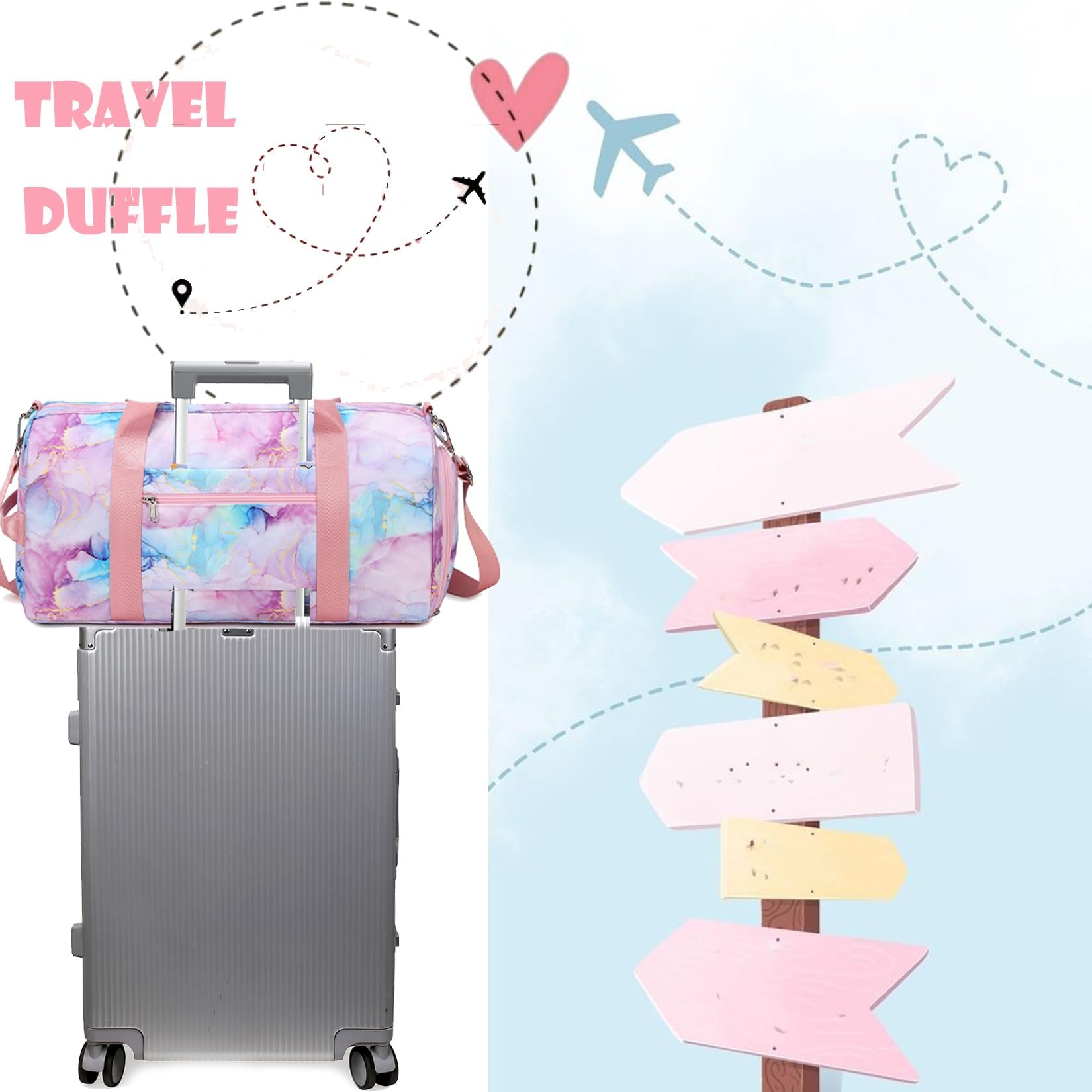 Turnbeutel für Mädchen, Turnbeutel für Teenager, Sporttasche, Balletttasche für Mädchen, Canvas Tasche mit Schuhfächern und Nassfach (Knotenfarbe, Marmor violett, 18 x 8 x 9.75 pulgadas