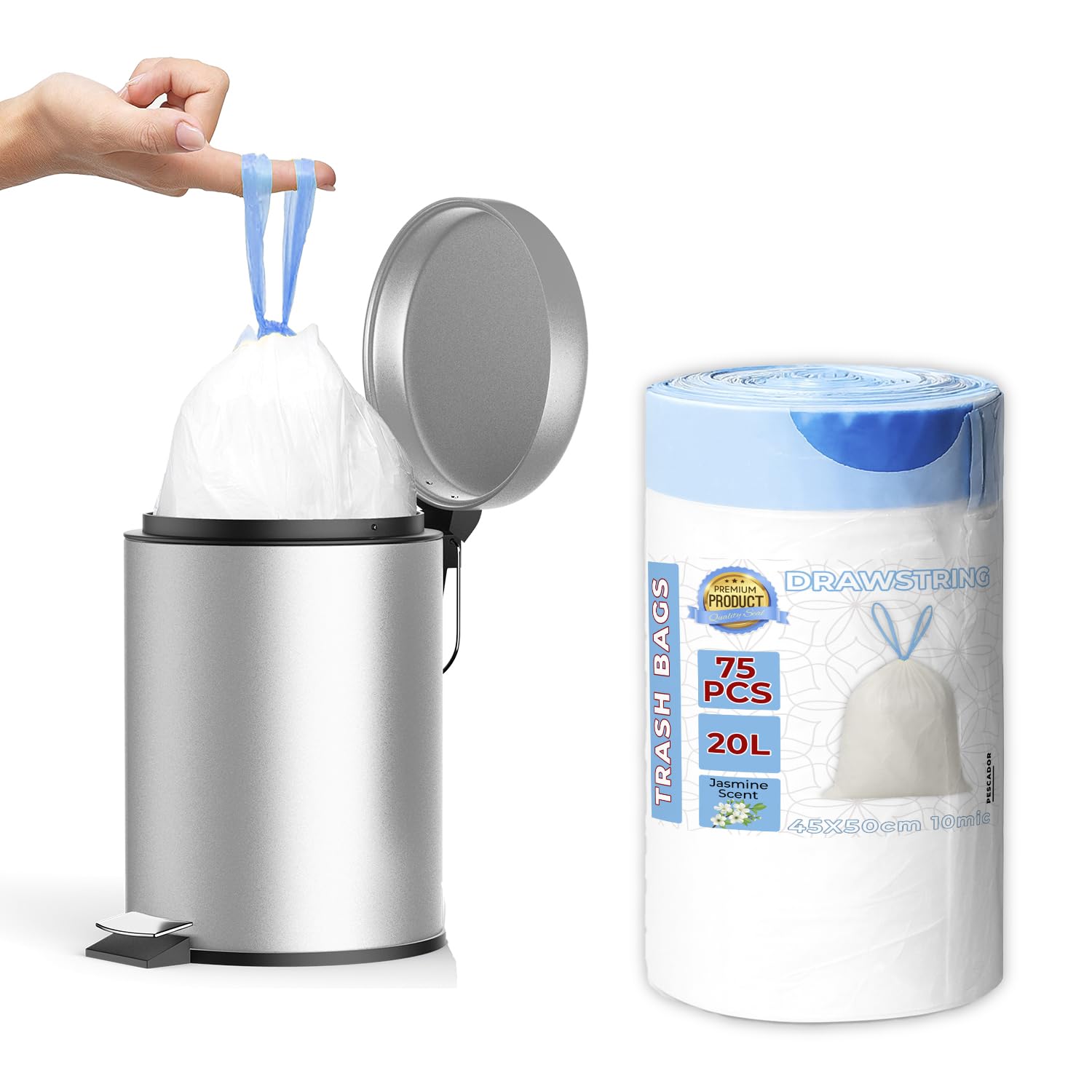 PESCADOR Drawstring Bin Disposable Liners, 4 Gallon, 45x50 CM, 75 Count