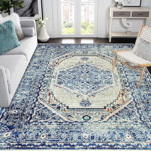 Easy-Going Area Rug 5x7 Washable Boho Rugs for Living Room Non-Slip Bedroom Rug Low Pile Lightweight Medallion Distressed Throw Rug for Dining Room Kitchen Home Office Carpet, Vintage Blue Cream