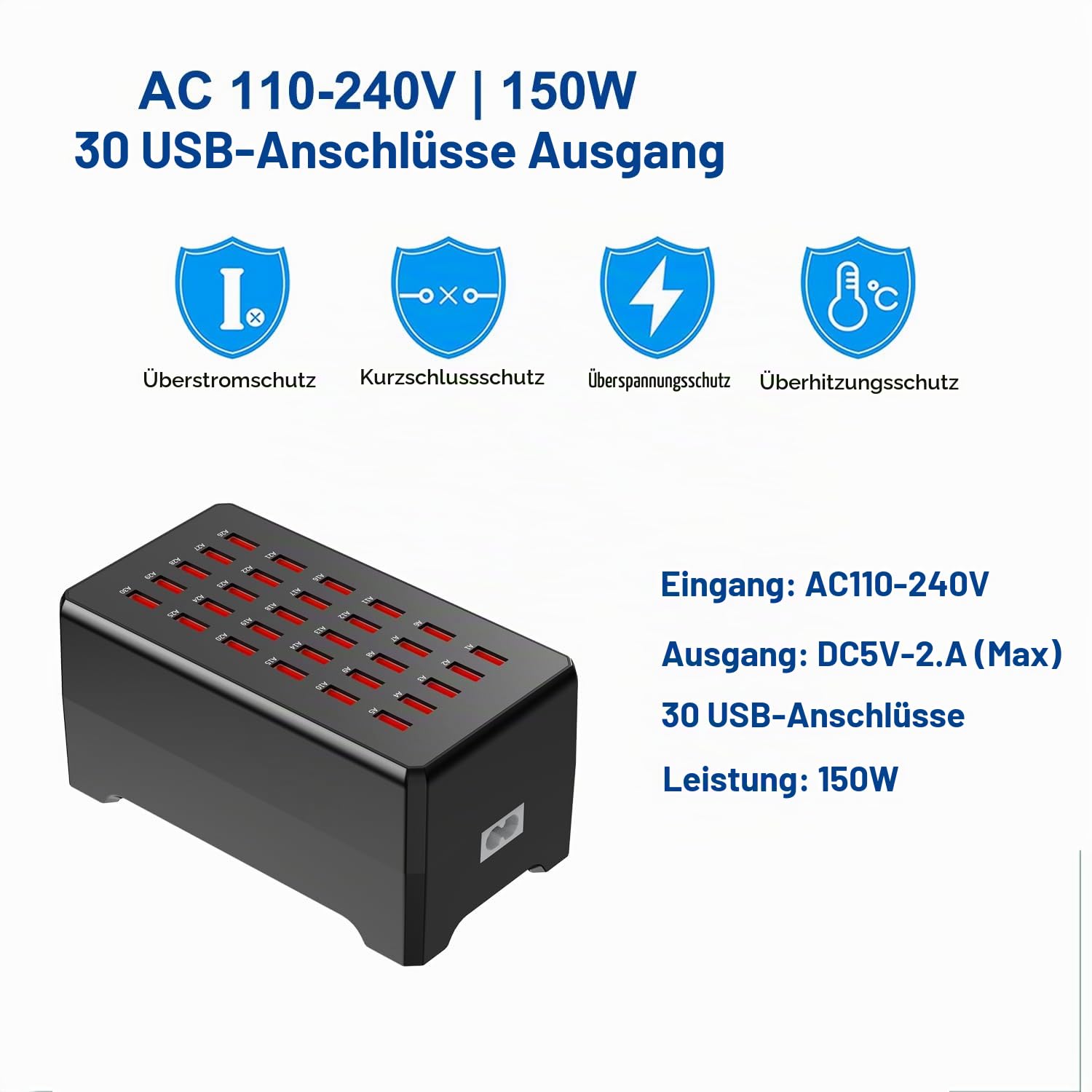 USB-Ladestation, 30-Port 150W/30A Mehrfach-USB-Ladestation, Multi-Port-Ladegerät für Smartphones, Tablets und andere Geräte.
