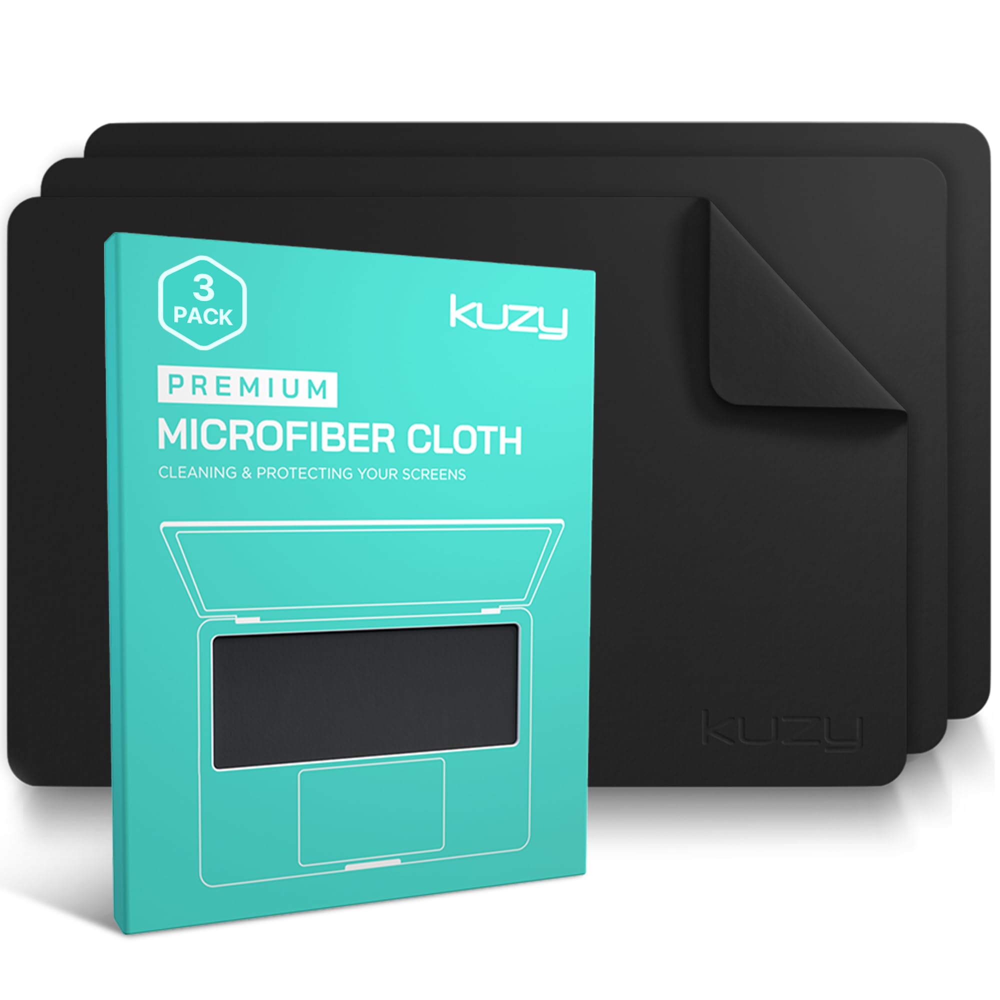 Kuzy 3 Pack Premium Microfiber Cleaning Cloth - Large Reusable Cloth for Glasses, Screens, MacBook Laptops, TVs, and Electronics - Scratch-Free, Lint-Free Cleaner, 3 Pack - Black