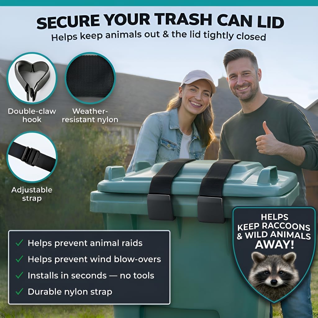 Premium 2X Outdoor Trash Can Locks for Animals Universelle Garbage Straps Lid Wheelie Bin Locks Enclosure Clips Out Raccoon Hide Outside Strap Resistant Security Critter Trashcan Deterrent