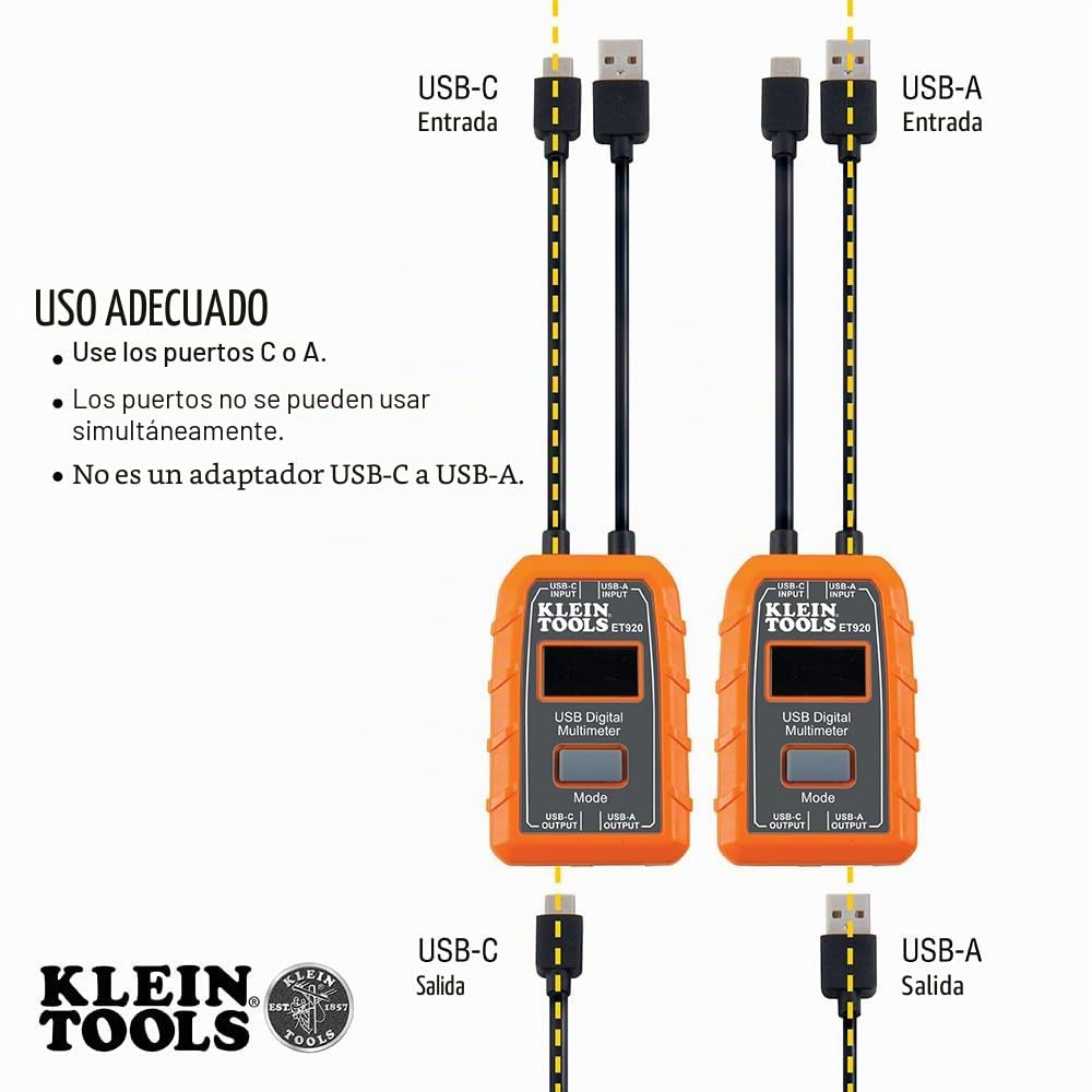 Klein Tools ET920 | Medidor digital USB-A y USB-C | Mide tensión, corriente, capacidad, energía y resistencia