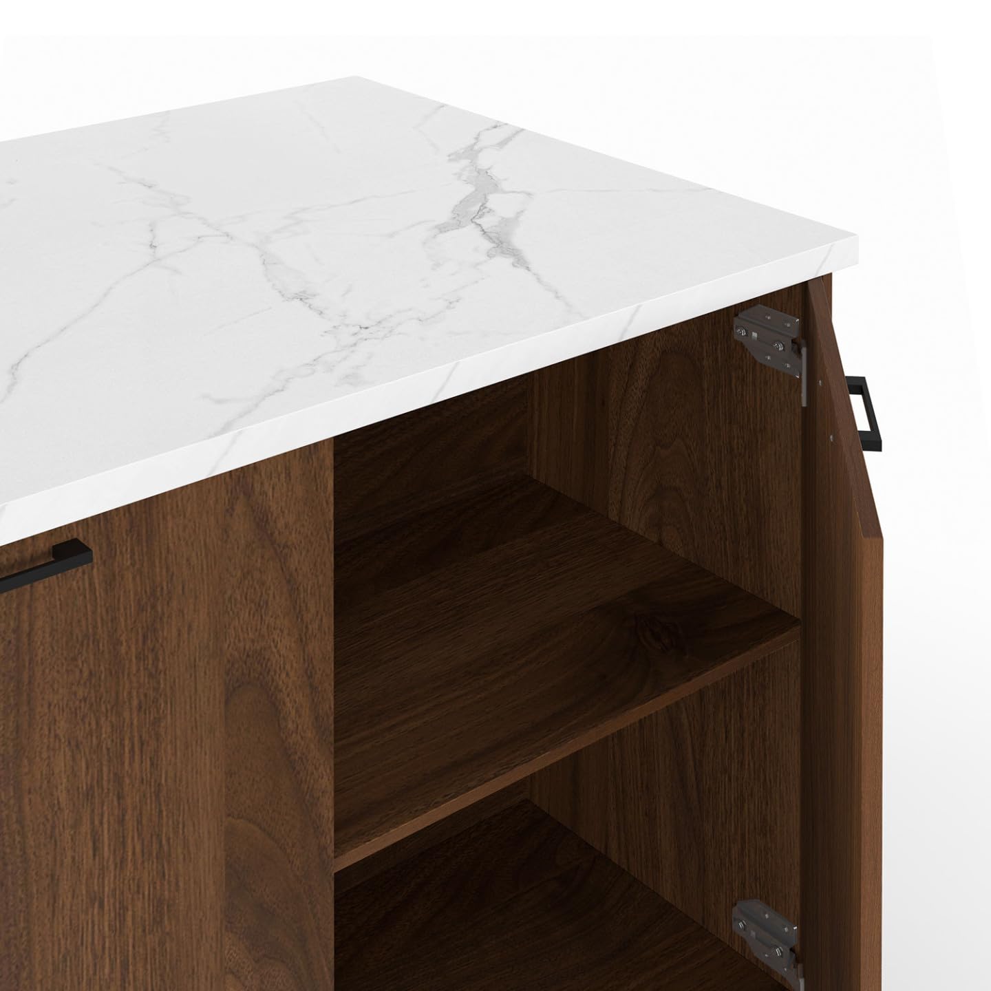 IDMarket - Ilot Central TIBO 120 cm Bois foncé Effet Noyer avec Plan de Travail Effet marbre Alaska
