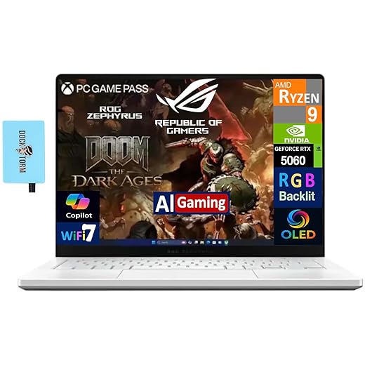 ASUS ROG Zephyrus G14 AI Gaming Laptop 14.0" ROG Nebula OLED 2.8K 500nits Display (AMD Ryzen 9 270, GeForce RTX 5060 8GB, 16GB LPDDR5X, 1TB SSD, RGB KYB, WiFi 7, Win 11 Pro) w/DKZ USB Port Expander