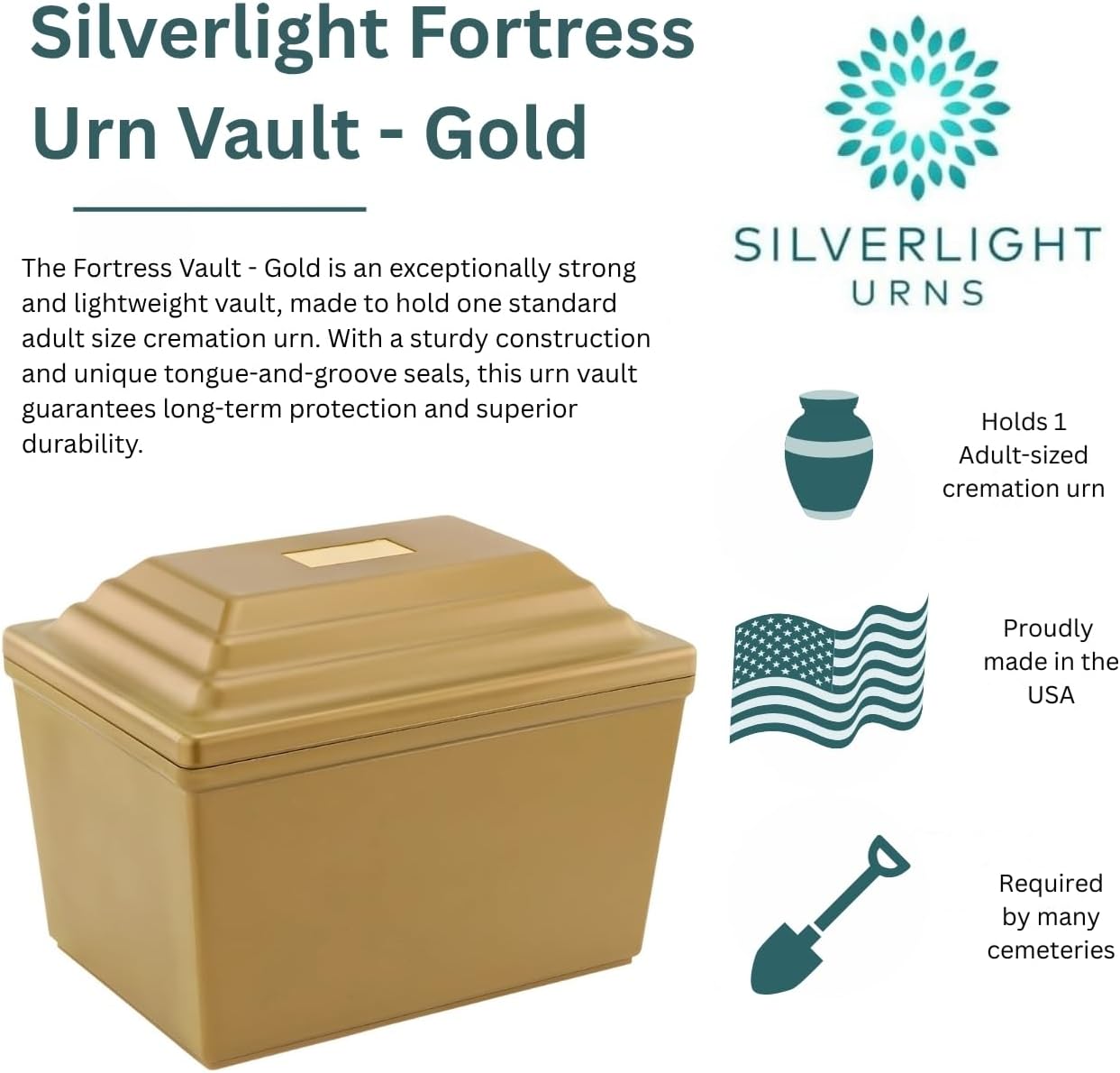Silverlight Fortress Urn Vault in Gold, Single Urn Vault for One, Ground Burial Urn Vault, Holds One Adult Cremation Urn for Human Ashes, Durable Cremation Urn Vault for Cemetery Burial