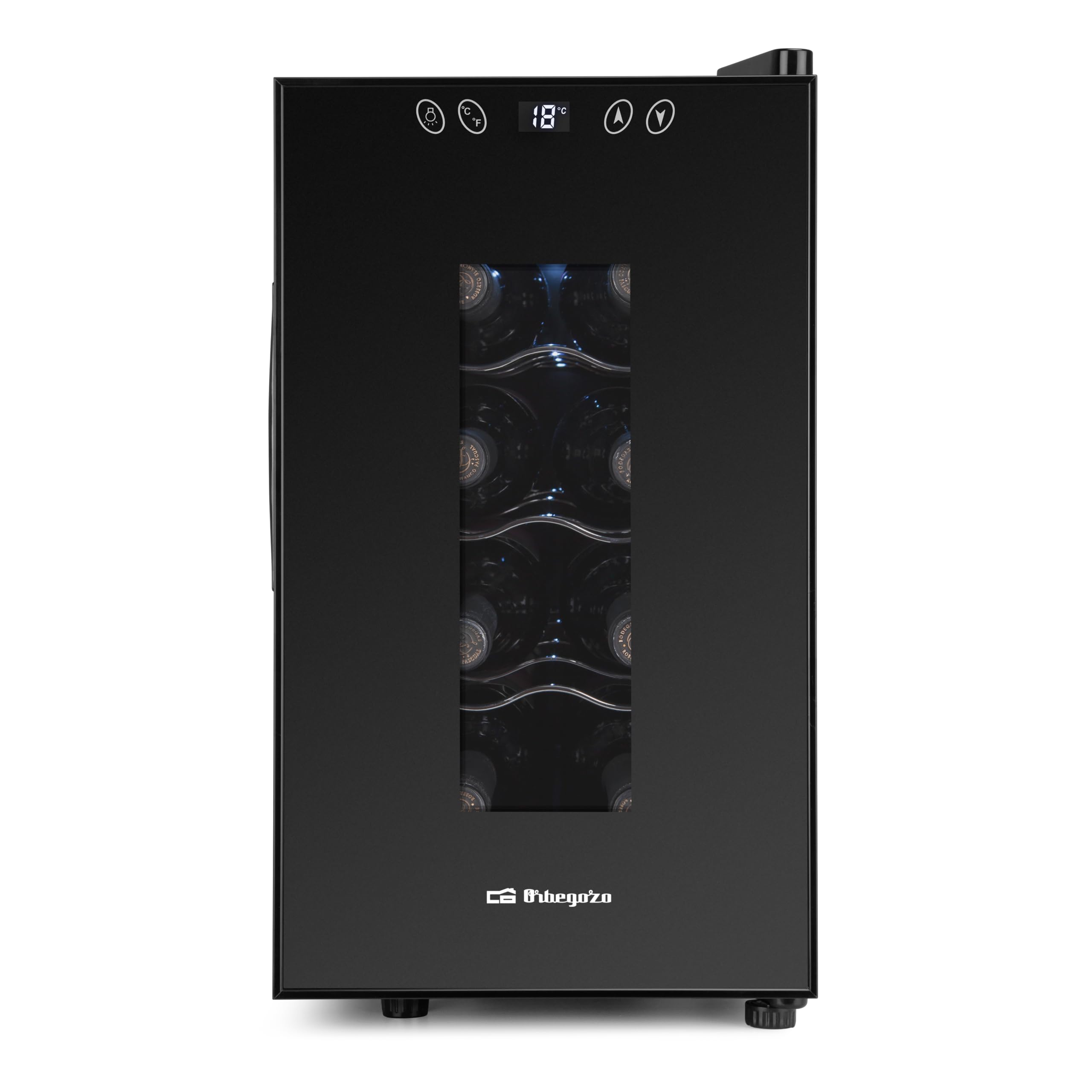 Orbegozo VT 830 Vinoteca de 8 Botellas Volumen 23 Litros Panel Táctil Pantalla Digital Termostato Regulable 11-18°C Luz LED Interior Silenciosa Estantes Cromados 70W