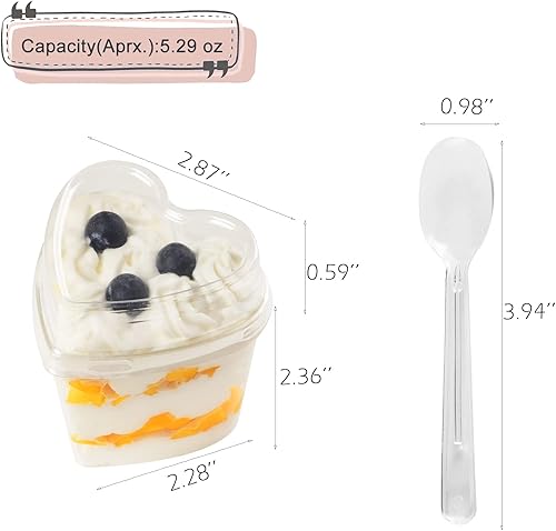 Miniatura 2 de Paquete de 100 mini vasos de plástico transparente con tapas, recipiente de yogur en forma de corazón de 5 onzas para fiestas, aperitivos