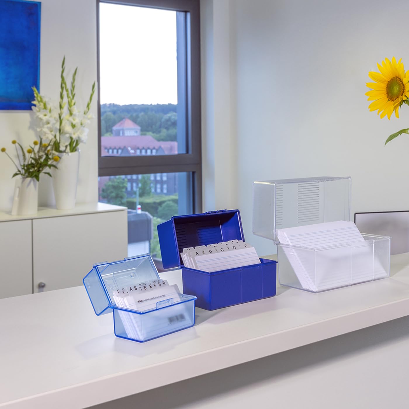 ideaco (????) HAN 979-64, Card index box A8 landscape. Innovative, attractive design for 200 cards with steel hinge, supplied with 100 record cards and A-Z guide cards, translucent blue