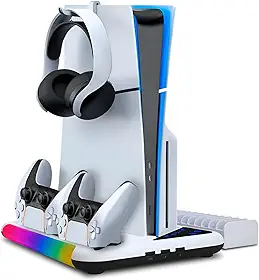 Suporte PS5 com Cooler Duplo e Carregador de Controles – Compatível com PS5 – Base 3 em 1 com Ventilação e Organização Gamer (Branco)