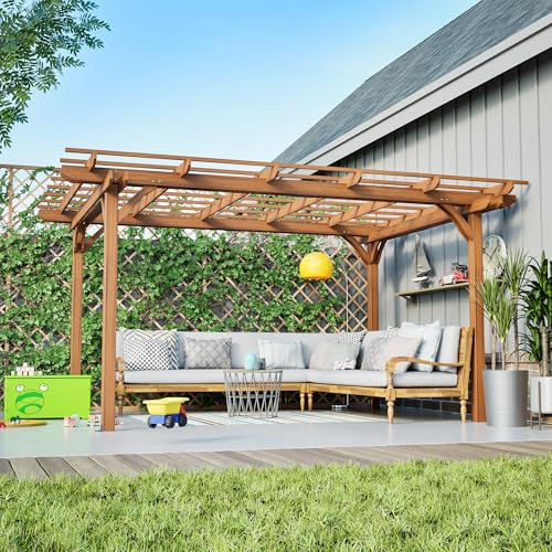 KEIKI 12 x 10 FT Outdoor Wood Pergola, Wooden Grape Trellis for Climbing Plant Support, Garden, Patio, Backyard, Deck, Brown