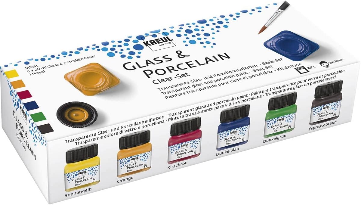 KREUL 16601 Glass and Porcelain Clear, Transparent Glass and Porcelain Paint Water-based, Quick Drying, Transparent, 6 x 20 ml in Yellow, Orange, Red, Blue, Green and Brown as well as a Brush