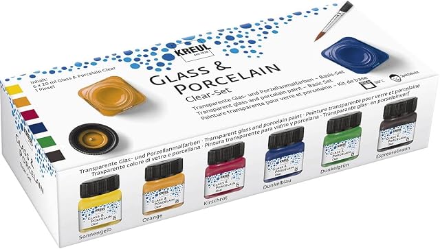 Kreul 16601 Glass & Porcelain Set Clear, 6 x 20 ml in Yellow, Orange, Red, Blue, Green and Brown as well as a Brush, Transparent, Transparent Glass and Porcelain Paint, Water-based