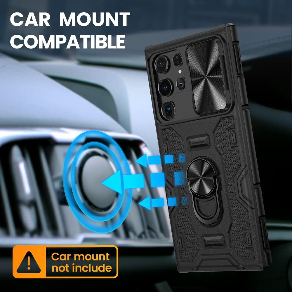 VEGO for Galaxy S22 Ultra Case with Slide Camera Cover, Built-in 360° Rotate Ring Kickstand Magnetic Shockproof Cover Case for Samsung Galaxy S22 Ultra 5G 6.8 inch 2022 Armor Style - Black - Image 5