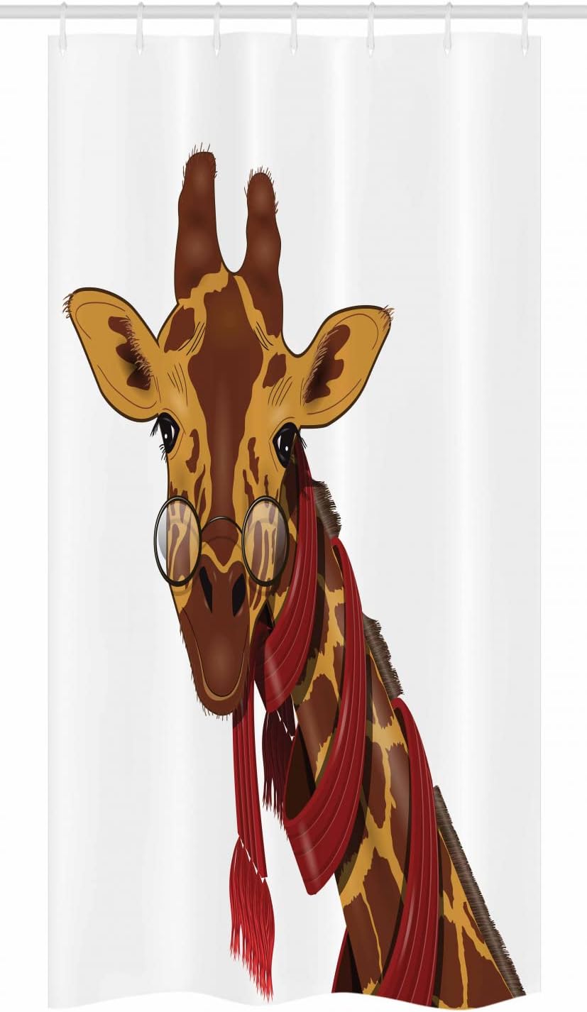 Ambesonne Cartoon Stall Shower Curtain, Illustration of Giraffe Wearing Glasses in a Red Scarf Smart Looking Fun Art, Fabric Bathroom Decor Set with Hooks, 36" W x 72" L, Redwood Marigold