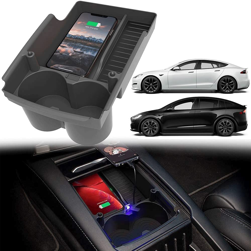 Qxiao Wireless Car Charger,For Tesla Model S/Tesla Model X 2016-2019 Center Console Organizer Phone Wireless Charging Tray/Cup Holder Center Console Storage Box For All QI smartphones
