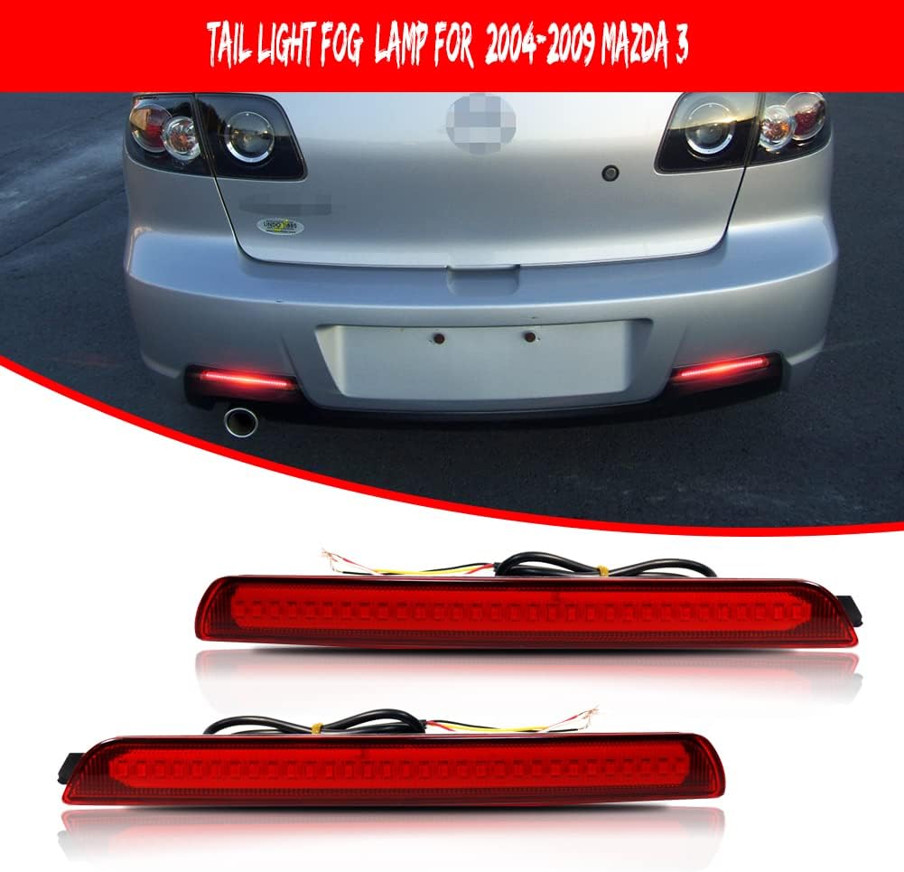 Red Lens LED Lamp for 2004-2009 Mazda 3,2007-2009 Mazdaspeed3 Rear Fog Bumper Reflector Brake Tail Sequential Flash Signal Lights