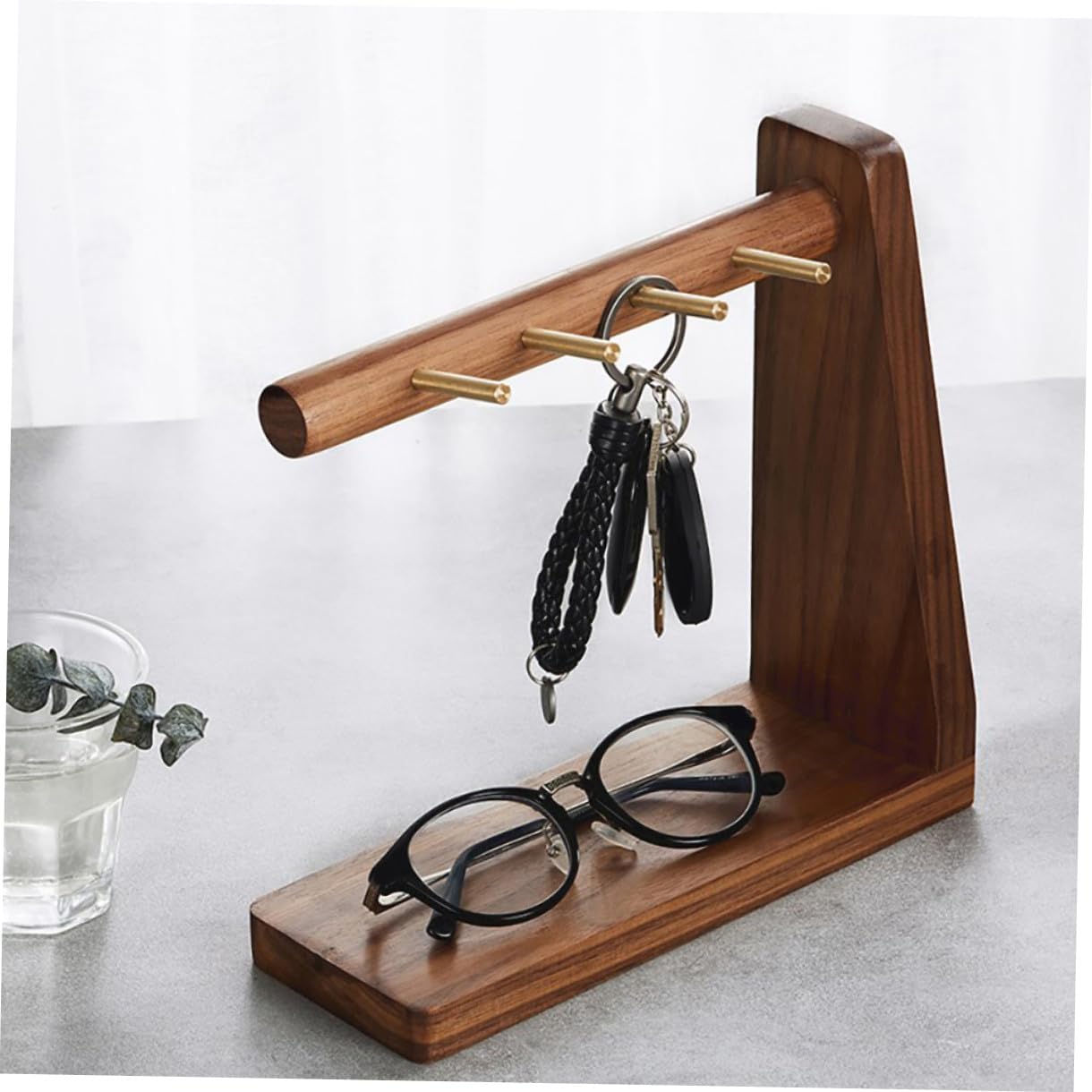 Solid Wood Walnut Key Hook Rack Wall-Mounted Practical Key Holder with Shelf, Stable Multipurpose Storage Bracket for Entryway, Vintage Style Organizer for Home and Office