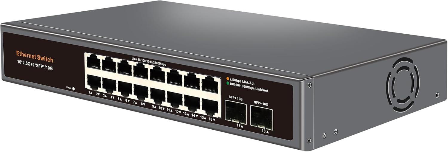 18-Port 2.5G Unmanaged Ethernet Switch, 16 x 2.5G RJ45 Ports, 2 x 10G SFP+ Optical Ports, Compatible with 100/1000/2500Mbps Network Switches, Metal Plug and Play for Wireless AP, NAS, PC