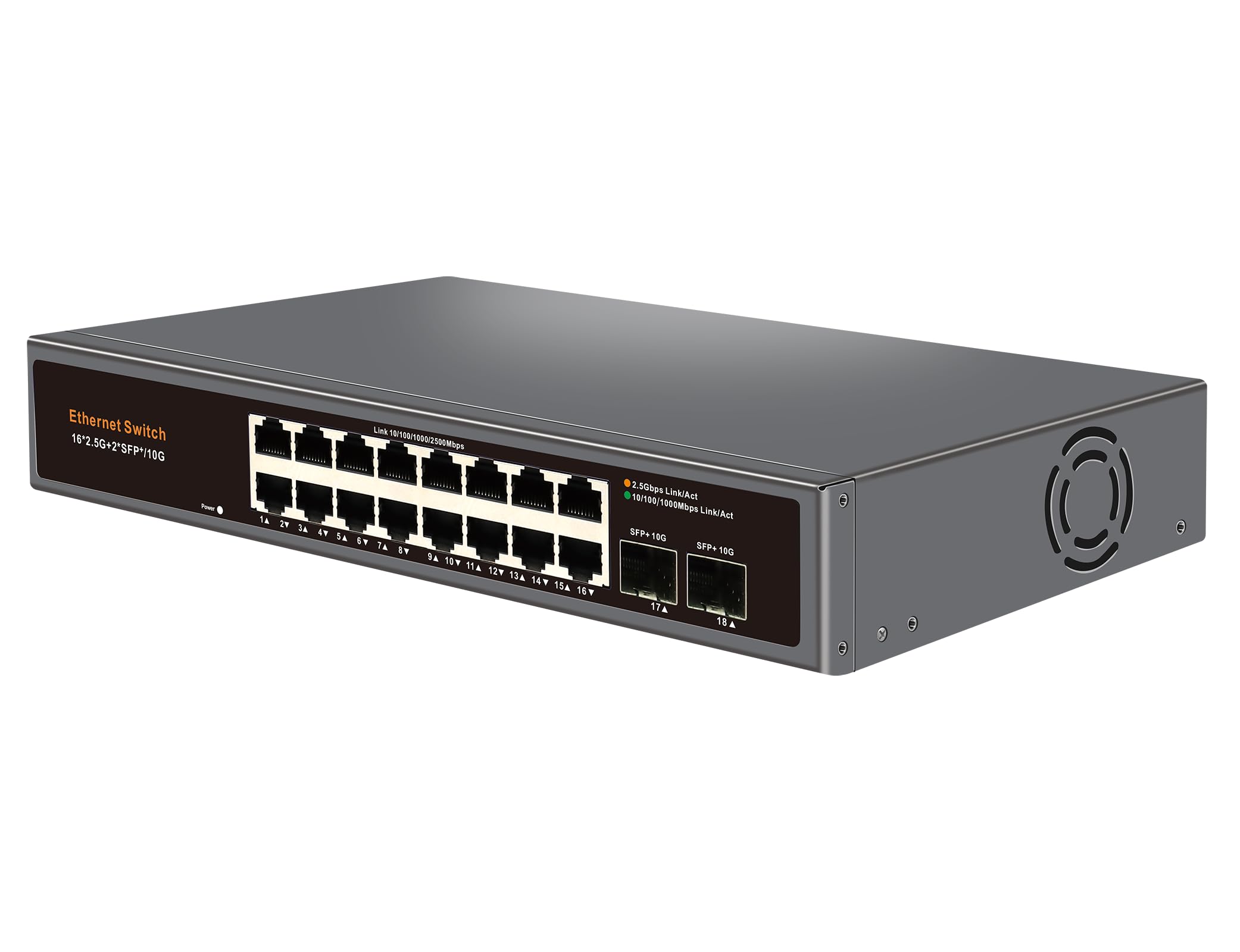 Davuaz 18-Port 2.5G Unmanaged Ethernet Switch, 16×2.5G RJ45 Ports, 2×10G SFP+ Uplink, Supports 100/1000/2500Mbps, Fanless Metal Casing, Plug & Play, Ideal for Wireless AP, NAS, PC and Home Network