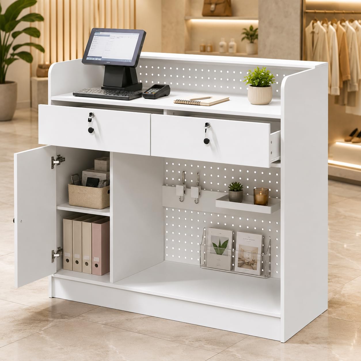 Mostrador de Recepción Blanco 120cm con Panel Perforado – Caja Registradora con 3 Estantes Ajustables, 2 Cajones con Llave, Puerta y Almacenaje – Mostrador para Tienda, Salón, Oficina, 120×110×50cm