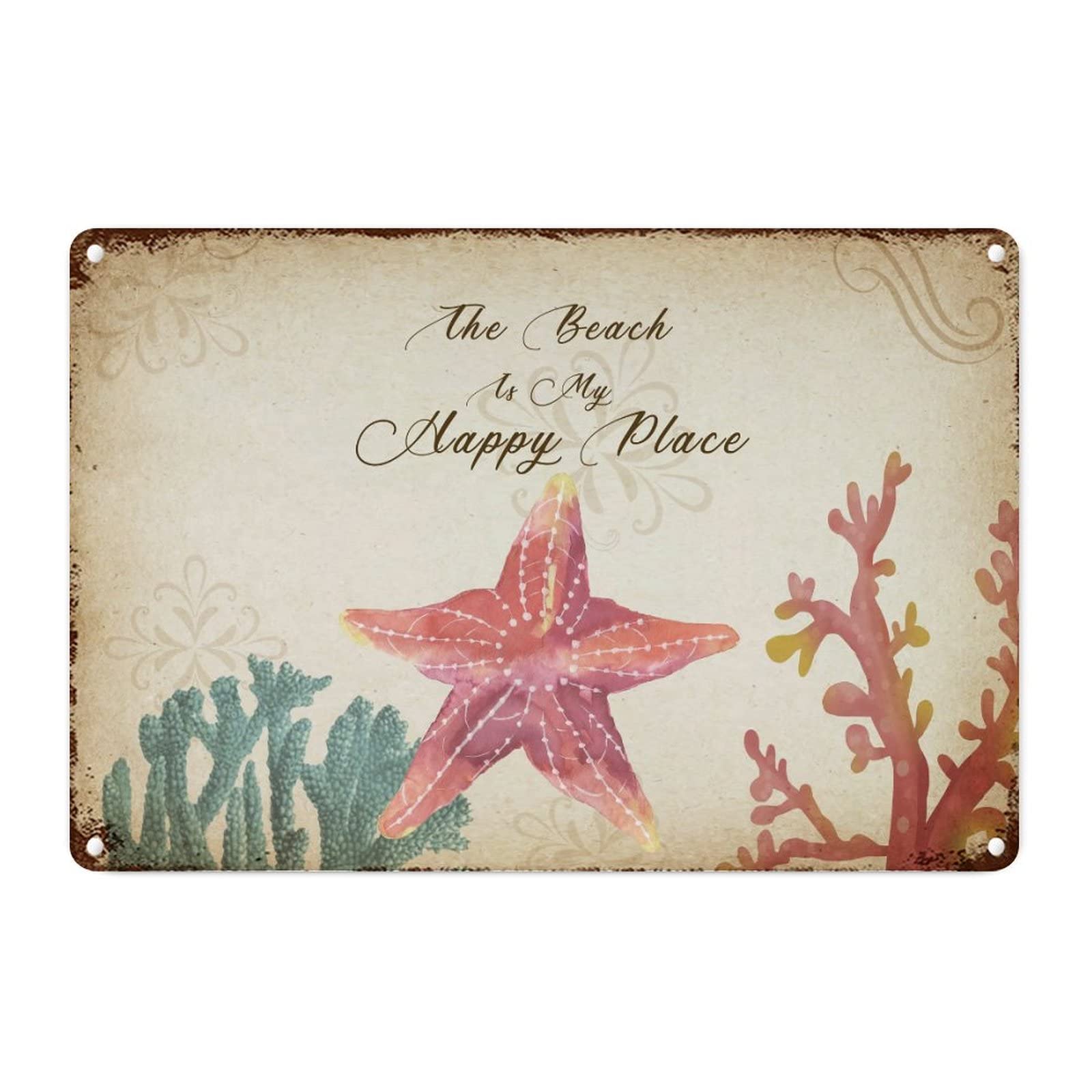 Panneau océan en métal vintage déco de plage et hippocampe pour mur rustique