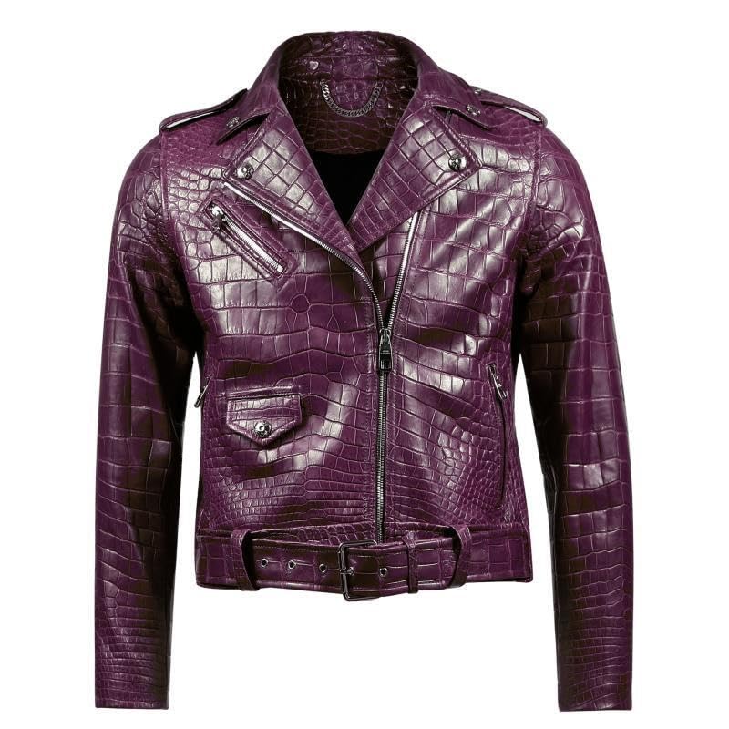 Motorcycle Alligator Leather Jacket For Men's Cow-skin With Crocodile Embossed Jacket