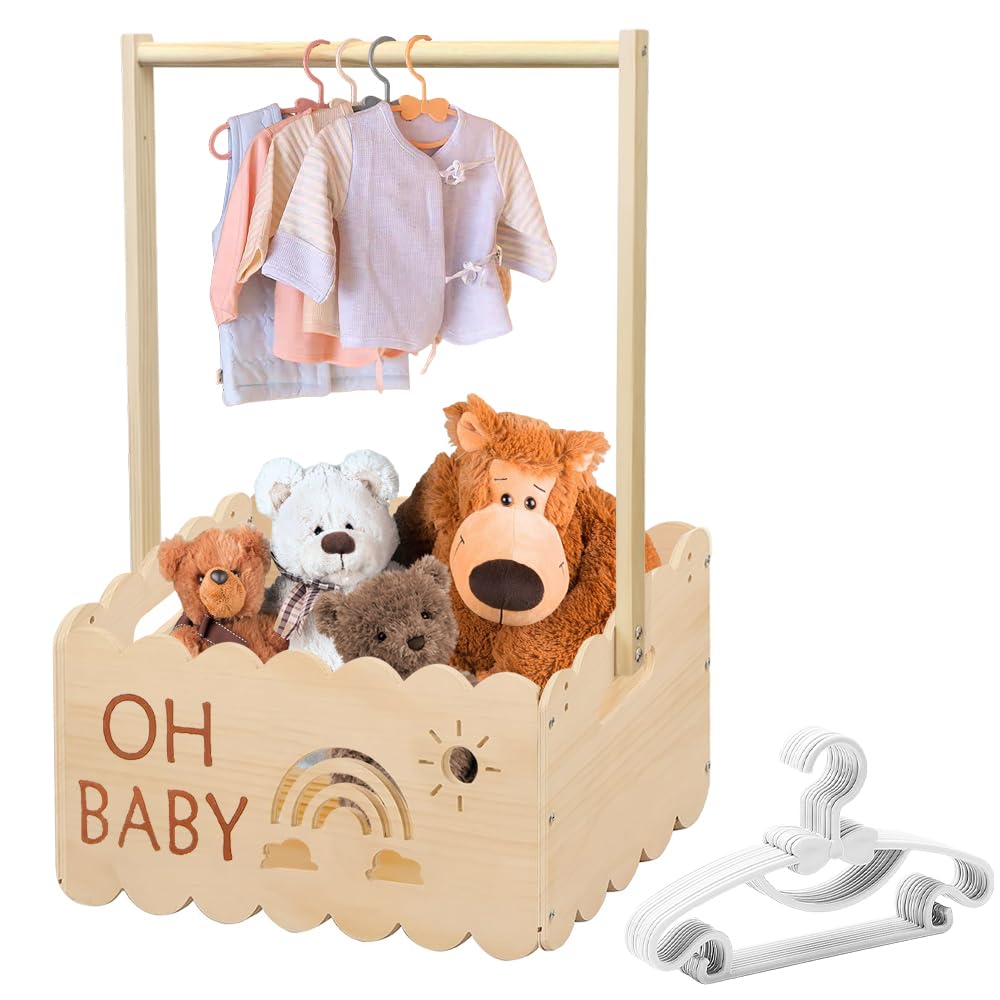 Holz Baby Geschenk Korb mit Griff, Holzkiste für Babypartys, Baby Dusche Kiste, Kinder Kleiderbügel Baby-Aufbewahrungskorb Schrank Personalisierte Babykorb Baby-Willkommensgeschenkeern