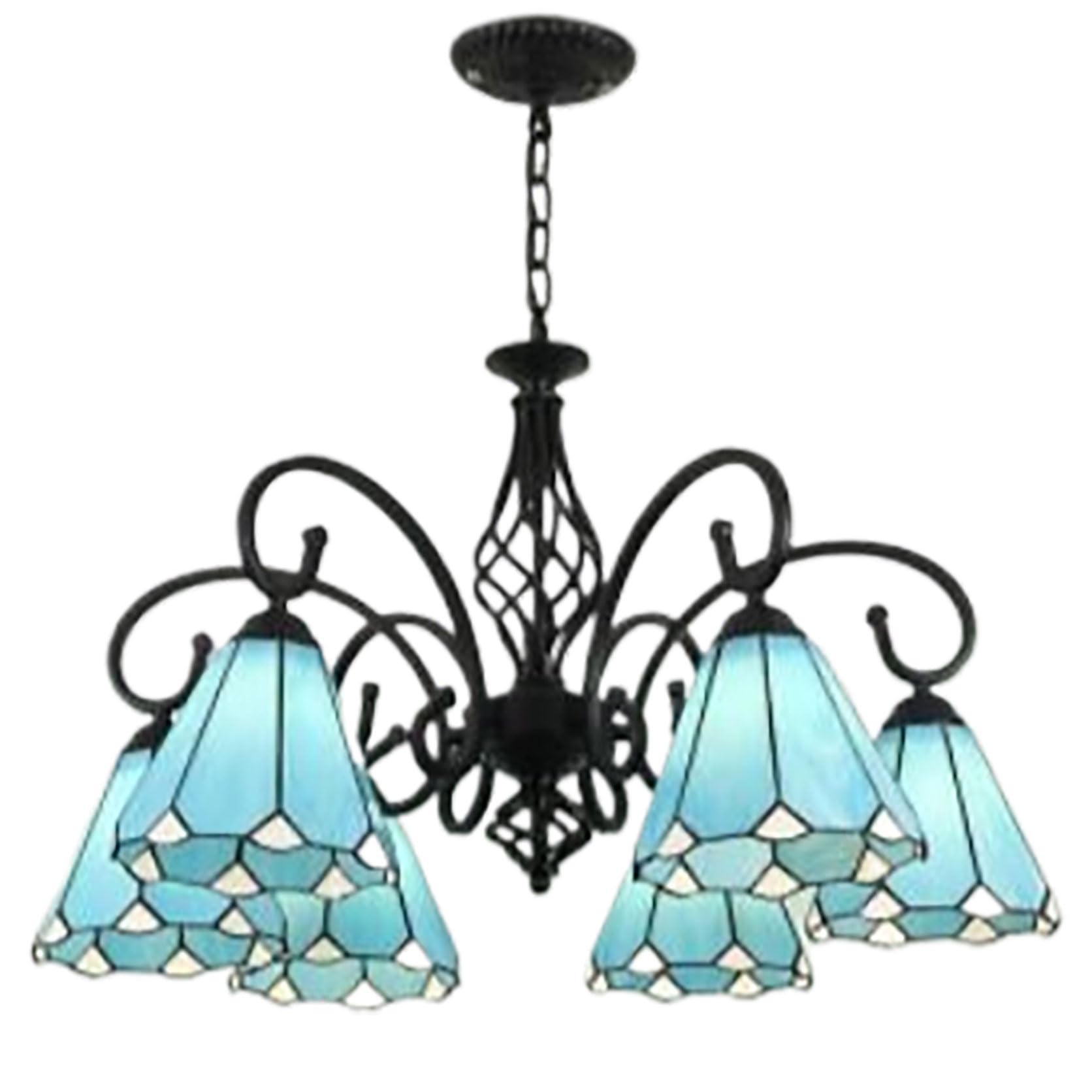 Lustre bleu avec suspension conique Tiffany et plafonnier noir à 8 abat-jours