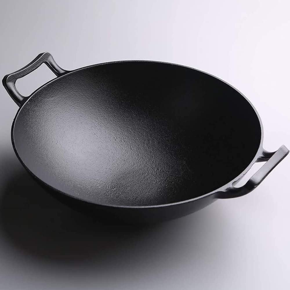 Padella wok in ghisa, atossica, con fondo piatto, con 2 manici e coperchio in legno, per stufe elettriche, a induzione e a gas, diametro 32 cm