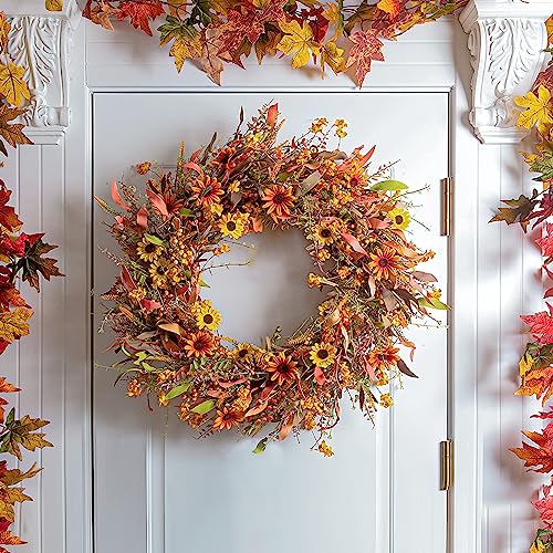 Large Fall Front Door Wreath28 Artificial Floral Wreath with Colorful Daisies and Autumn Foliage Fall Orange Wreath for Front Door Wall Window and Thanksgiving Decor