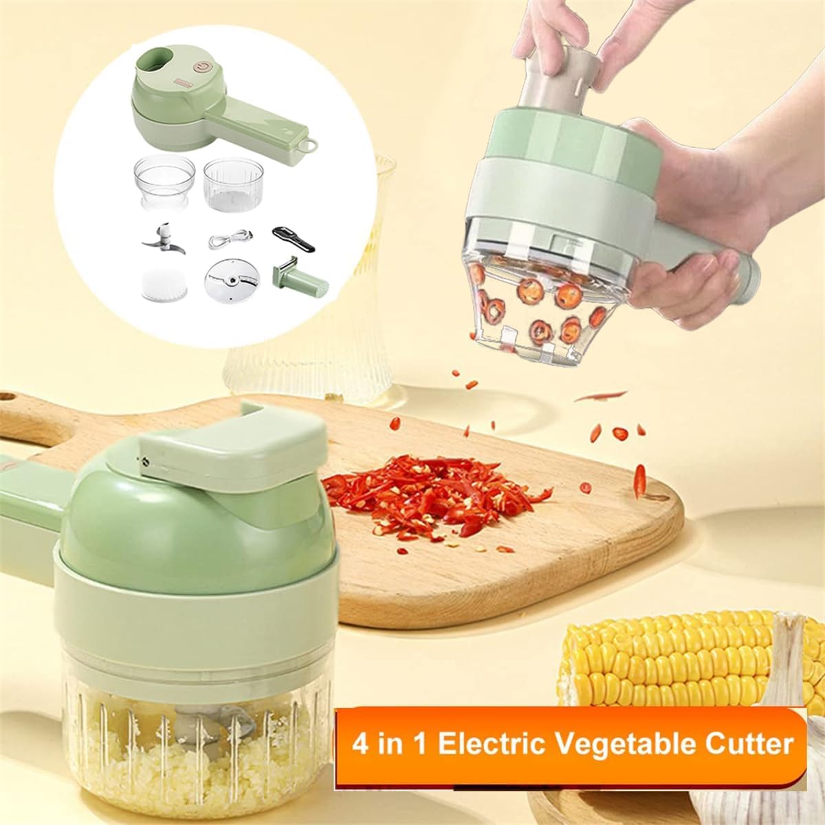 4 in 1 Handheld Electric Vegetable Cutter Set, Multifunctional Mini Electric Grinder Garlic Mud Masher Chopper, Portable Food Processor with Brush, for Garlic Chili Onion Ginger Celery Meat