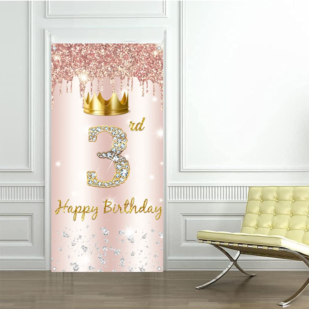 3. urodziny dziewczyna dekoracja, Happy 3 Birthday, baner do drzwi w kolorze różowego złota, 3. urodziny materiał szyld plakat dekoracja drzwi, baner, tło 3. urodziny baner, dekoracje urodzinowe