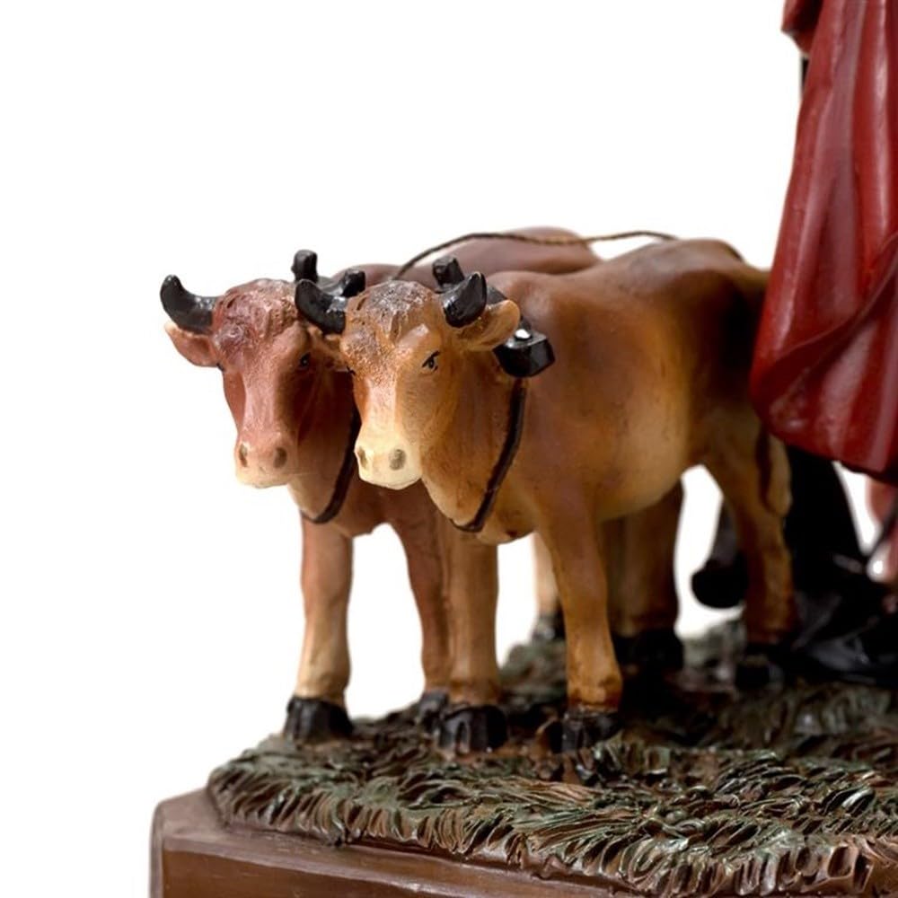 San Isidro Labrador Figura 20 cm. Resina con bueyes Detalle ángel patrón de los labradores